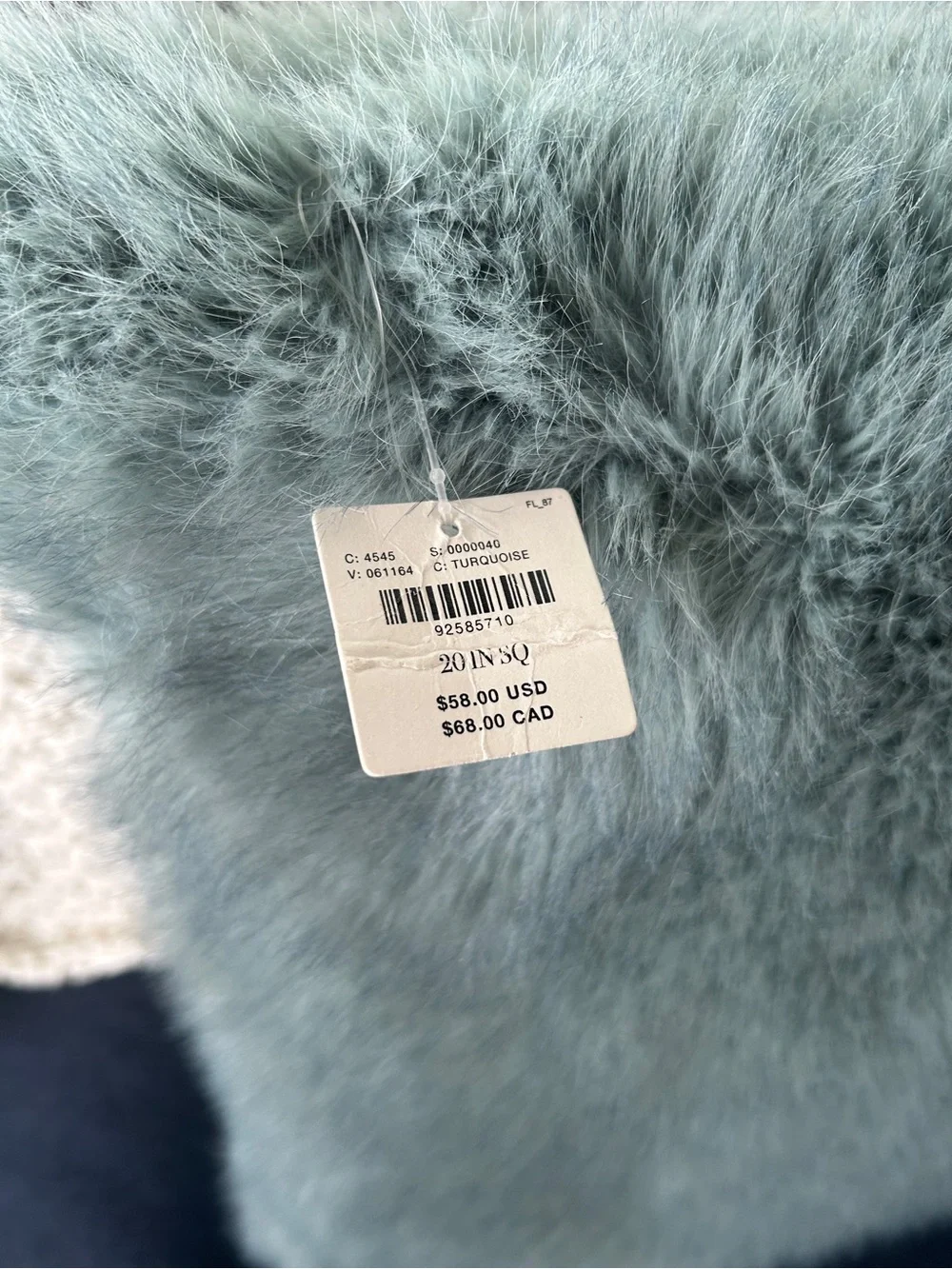 NWT Anthropologie Chloe Tipped Faux Fur Pillow, 20” Square, Turquoise